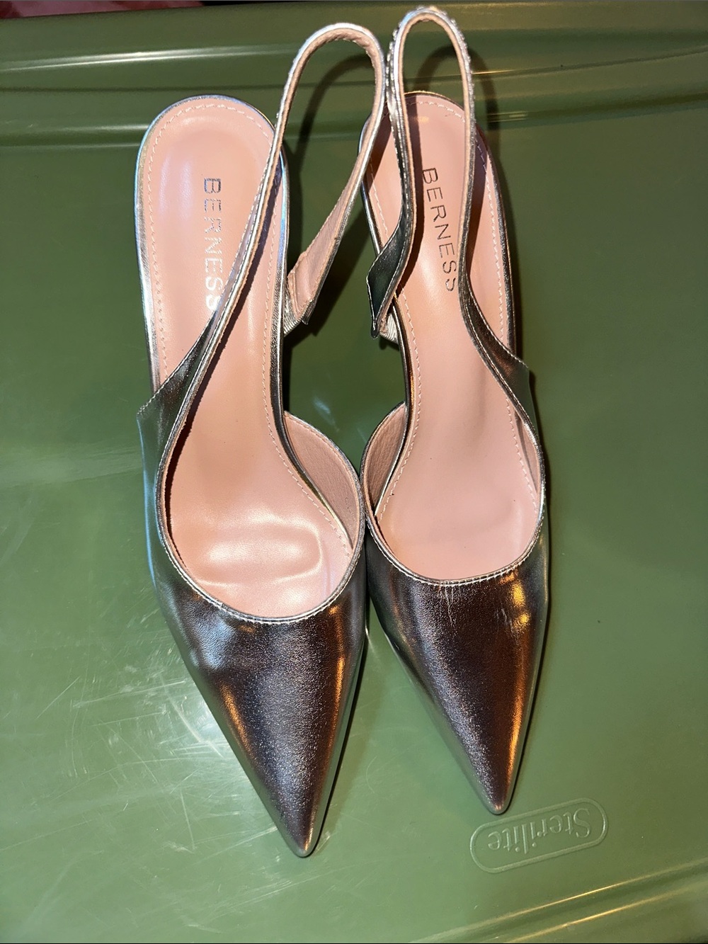 Berness Metallic Silver Pointed-Toe Slingback Heels